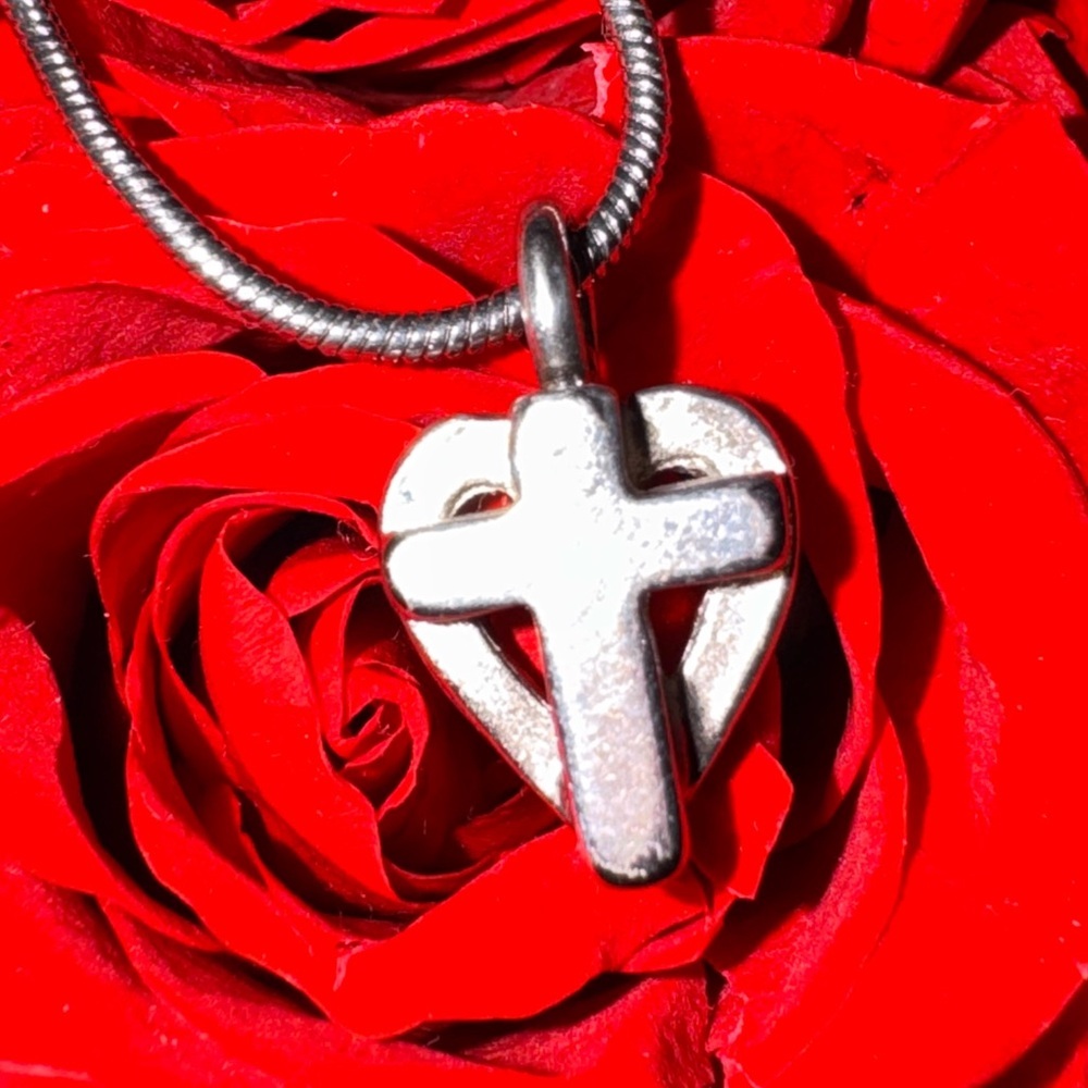 Silver Heart Cross Pendant Necklace w/Makers Mark